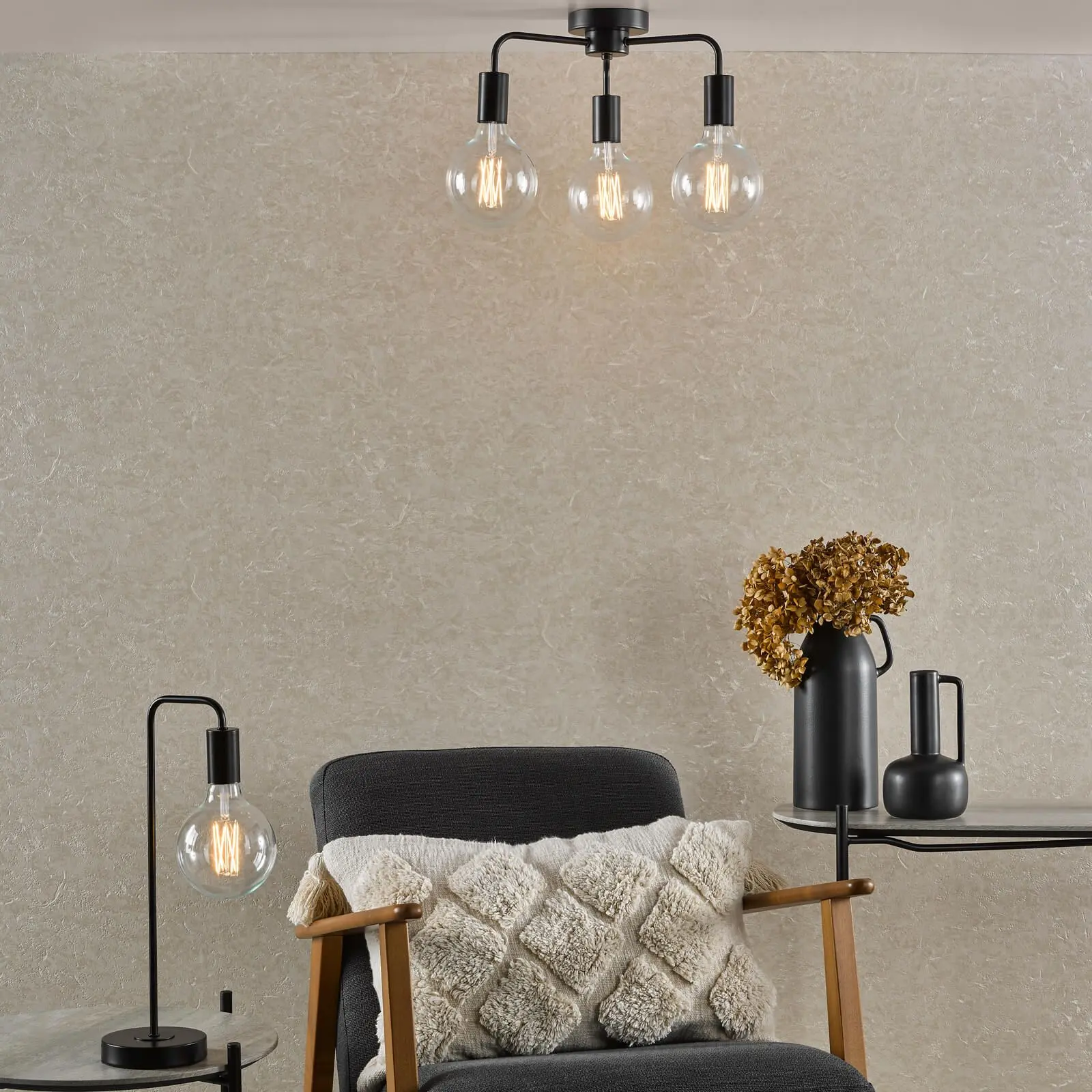 Dena 3 Light Semi Flush Fitting in Matt Black